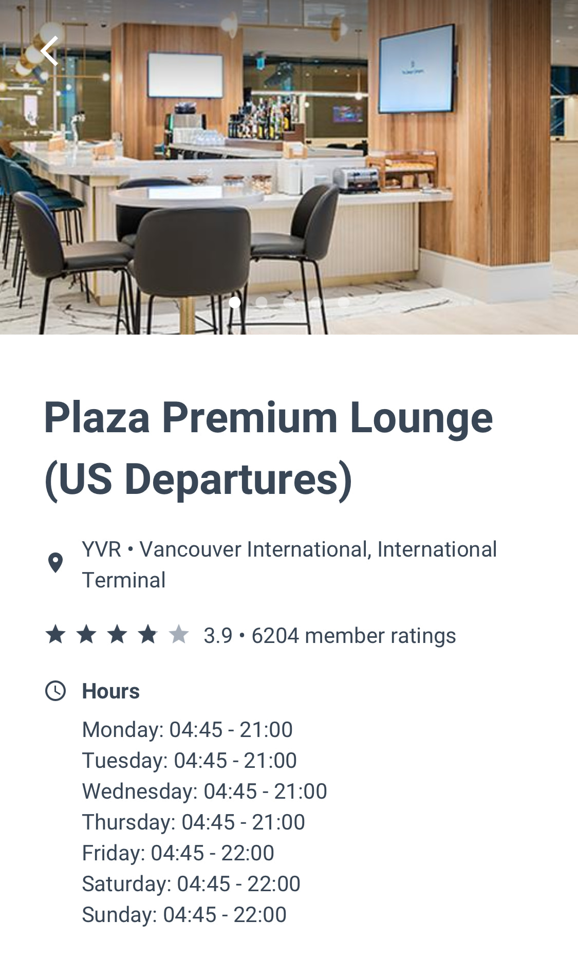 Priority Pass App 里的营业时间与评分（3.9 分）