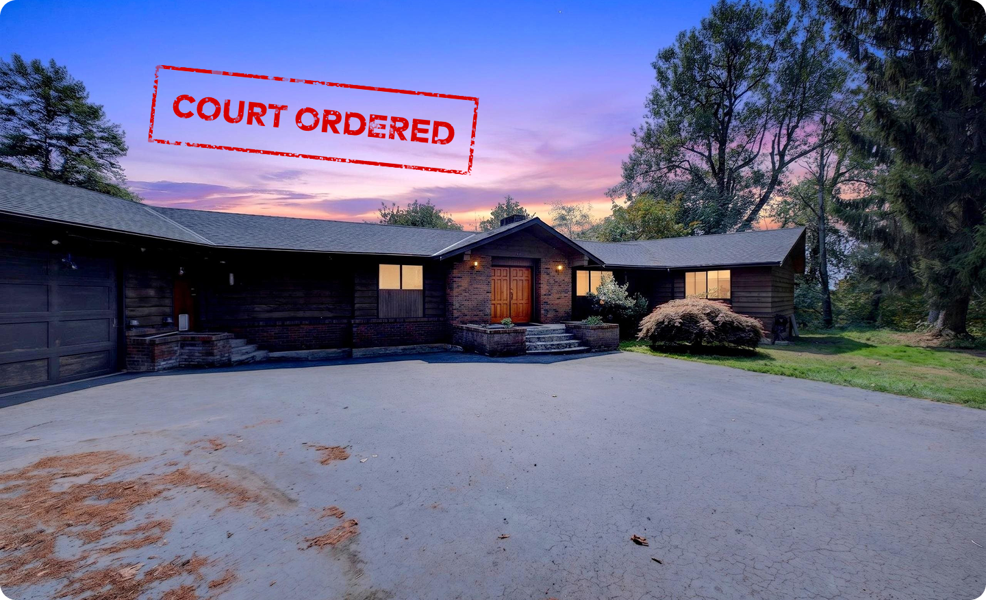 A single storey rural Langley house at dusk behind a wide gravel driveway, with a red Court Ordered stamp across the image