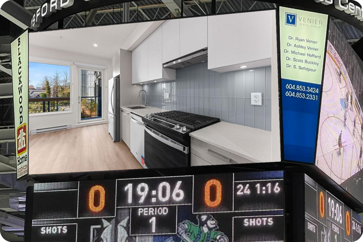 An arena jumbotron showing the bright white kitchen of a new East Newton condo, above a hockey scoreboard reading nil to nil in the first period