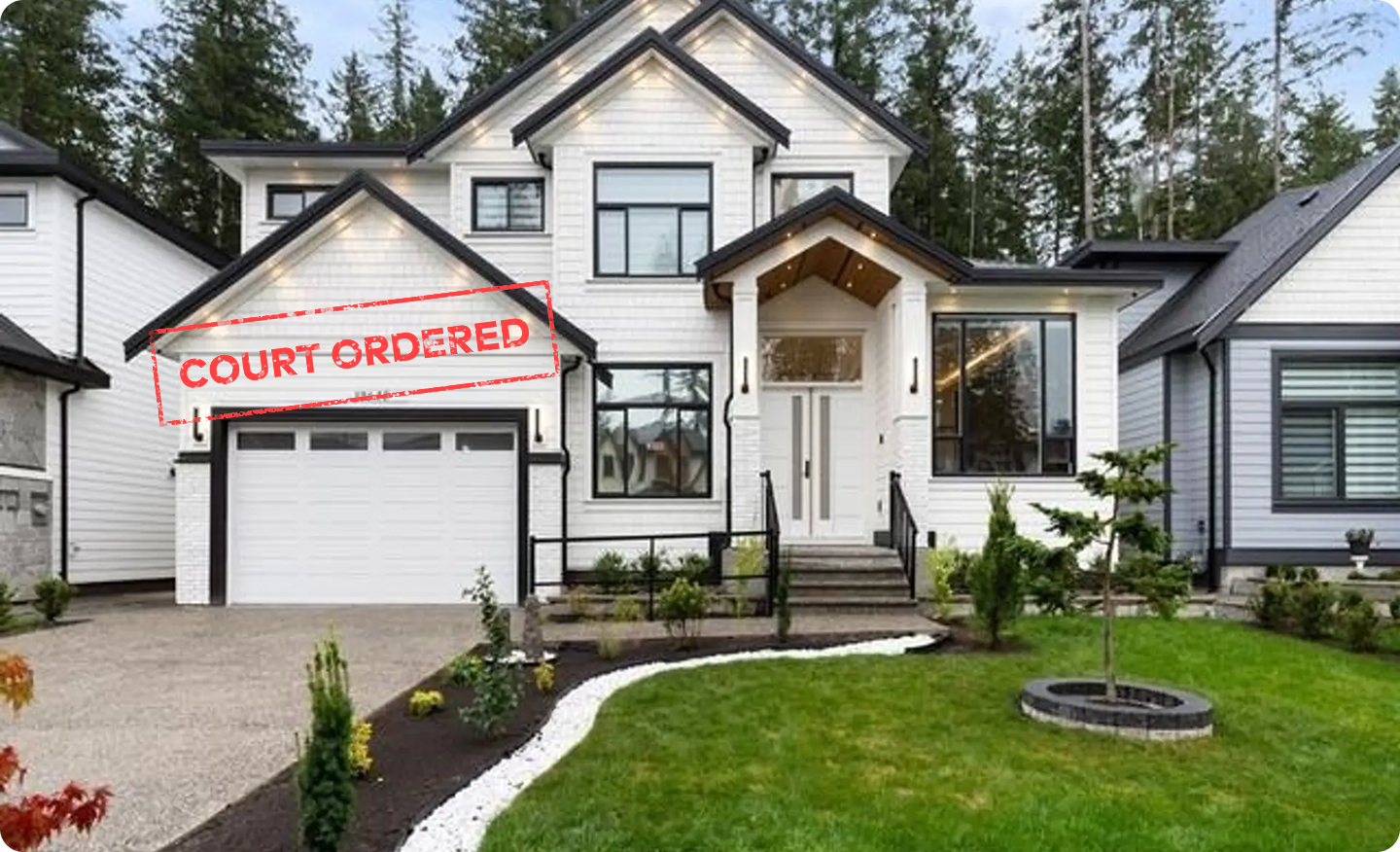A white two storey Brookswood house with black trim, a double garage and a landscaped front yard, stamped Court Ordered in red across the front