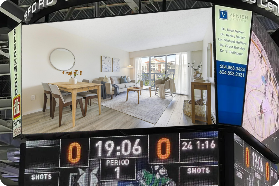A renovated New Westminster condo living room with a dining table and sofa shown on an arena jumbotron above a hockey scoreboard reading nil to nil