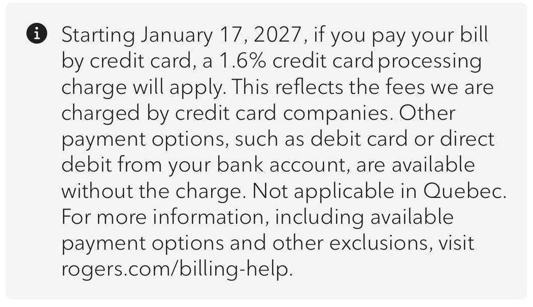 Rogers 账单付款页：2027 年 1 月 17 日起信用卡付款收 1.6% 手续费