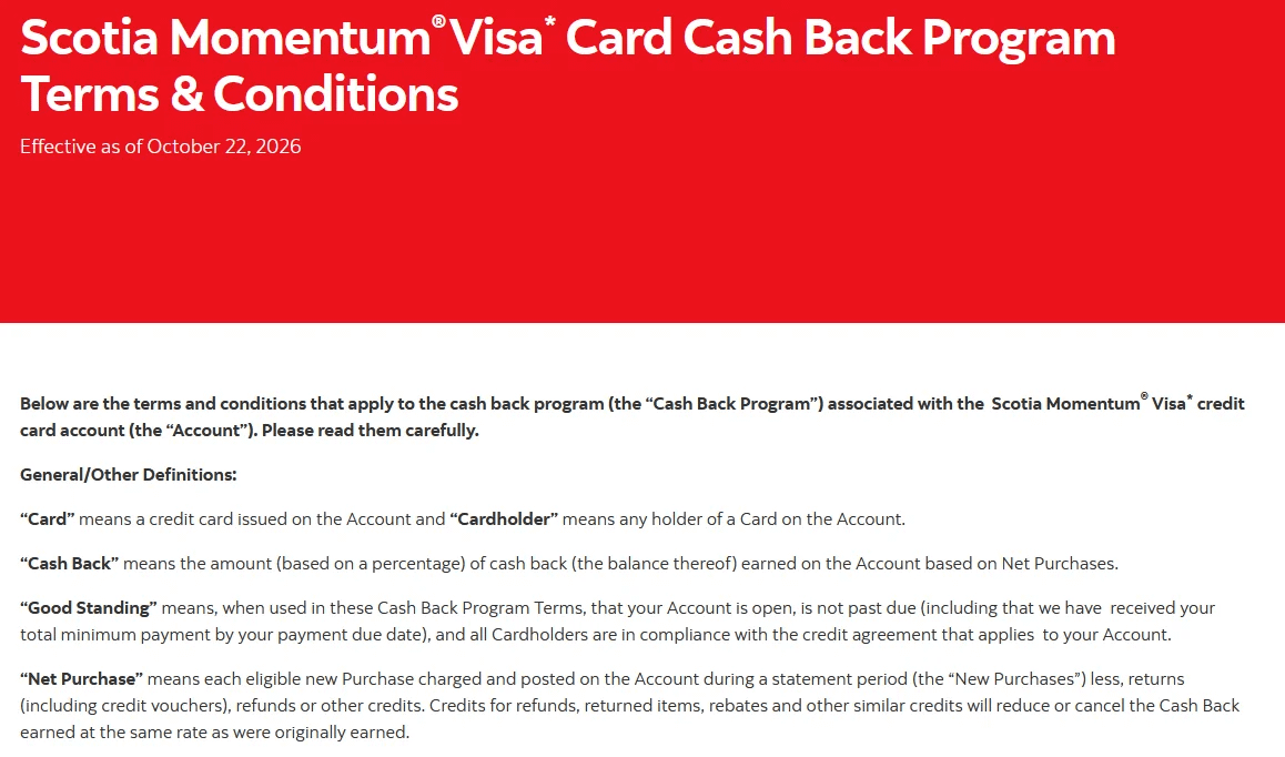 Scotia Momentum Visa 返现条款 2026 年 10 月 22 日生效