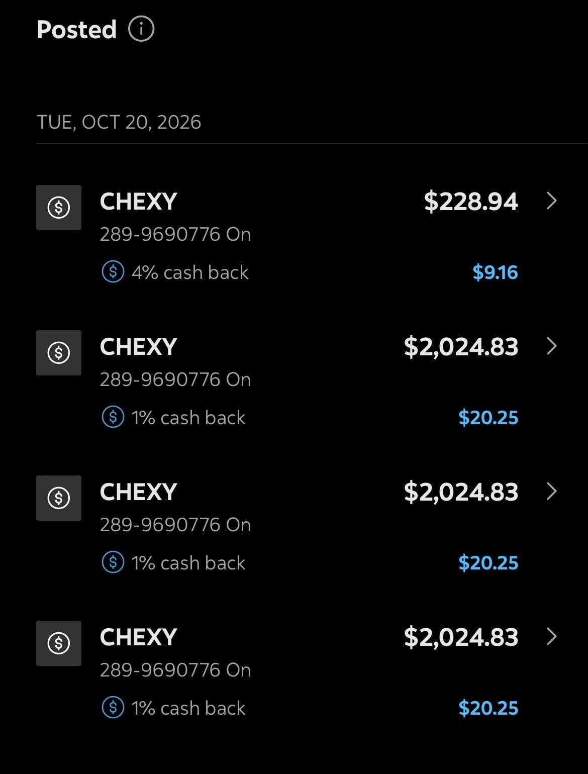 10 月 20 日 Chexy 扣款 4% 与 1% 返现对比